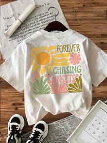Women's T-Shirts, Summer Tops, Graphic Print T-Shirt, Short-Sleeved Crew Neck Casual Top For Summer & Spring, Women's Clothing, Cotton T-Shirt, Women - White - View 3