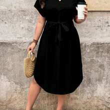 Simple Solid Black Plus Size Women's Casual Beach Dress Suitable For Summer Black Casual Dress Casual Midi Dress,Business Casual Woman,Teacher Outfits For Women Suitable For Going Out Chic Dress,Spring/Vacation - Multicolor - Ver 1