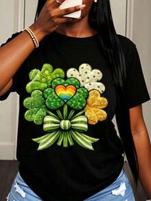 Camiseta de Corazón con Trébol Arcoíris para el Día de San Patricio con Diseño de Lazo para Mujer, Ropa Casual para Celebración de Festivales, Top con Estampado de Trébol de la Suerte - Negro - Ver 7
