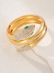 1pc Sexy Rhinestone Inlaid Fashionable Luxury Animal Snake & Leopard Spring Bangle Bracelet For Women, Suitable For Party, Gathering, Outing, Dating, Attending Events, Music Festivals, Bars, Photo Shoots, Gift For Friends And Family - Gold - View 3