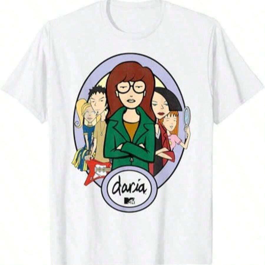 Daria Character Panels Logo Short Sleeve T-Shirt, Premium Cotton Unisex Casual T-Shirt With Round Neck, Classic Cut For Everyday Comfort, Women's Cotton Clothing, 100% Cotton Summer Tops. - 白色 2 - 查看 1