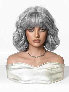 10 Inch Light Brown Wavy Bob Wig With Bangs, Natural Silky Texture Heat Resistant Synthetic Hair, Anti-Tangle Anti-Shedding Breathable Cap, Realistic Look Trending Viral Hairstyle For Daily Wear, Party, And Photoshoot Popular Women Hair Accessory - 淺灰色 - 查看 2