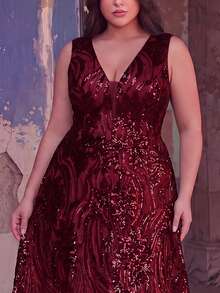 Faeriesty Elegant Sleeveless V-Neck Evening Gown, Adorned With Intricate Embroidery And Shimmering Sequins - A Luxurious Formal Dress Suitable For Weddings, Red Carpet Events, And Formal Galas, Also An Ideal Choice For Summer Vacations. Party Spring - 酒紅色 - 查看 4