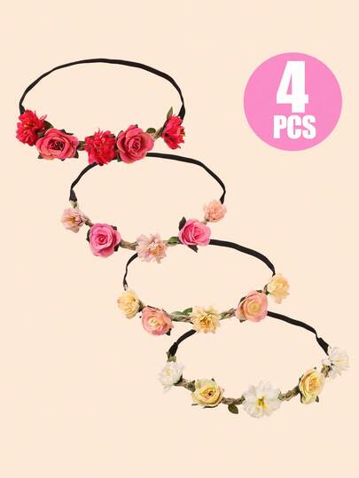 4pcs/Set Bohemian Style Flower Headbands, Suitable For 3-8 Years Old Girls, Stretchy Adjustable, Rose & Daisy Flower Crowns, Fairy Hair Accessories, Suitable For Wedding Flower Girls, Birthday Parties, Outdoor Photography