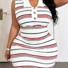 Slayr Spring/Summer New Casual Street & Vacation & College & Daily Outing & Casual & Beach & Music Festival Fitted Sleeveless Shirt Collar Half-Open Dress Colorful Striped Contrast Mini Bodycon Knitted Sweater Dress, Plus Size - Multicolor - Ver 1