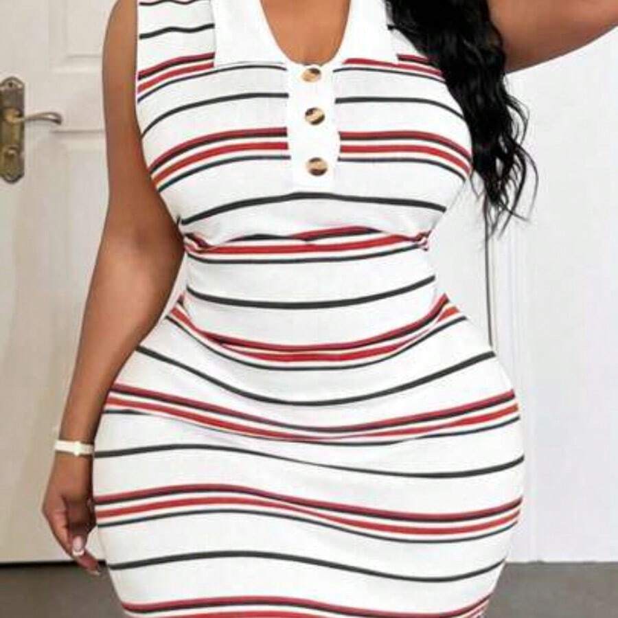 Slayr Spring/Summer New Casual Street & Vacation & College & Daily Outing & Casual & Beach & Music Festival Fitted Sleeveless Shirt Collar Half-Open Dress Colorful Striped Contrast Mini Bodycon Knitted Sweater Dress, Plus Size - Multicolor - Ver 1