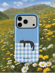 GIIPPA 1 Piece Light Blue Base With Plaid Patchwork And Slouchy Cat Design Phone 17 Pro Max Case, Compatible With IPhone 16 Pro Max, 15 Pro Max, 14 Pro Max, Korean Stylish And Interesting Phone Case, Fits 11/12/13/14/15/16 Pro Max Plus, Elegant Design Suitable For Both Men And Women, Ideal Gift For Christmas, Valentine's Day, Easter, Wedding Season And Birthday For Girlfriend - Multicolor 1 - View 7