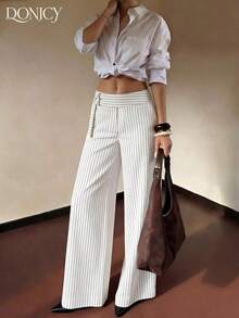 Pantalones anchos de rayas azul marino de moda para mujer, tela con caída, detalles de botón de metal de cintura alta, adecuados para la oficina y ocasiones casuales - Blanco - Ver 5