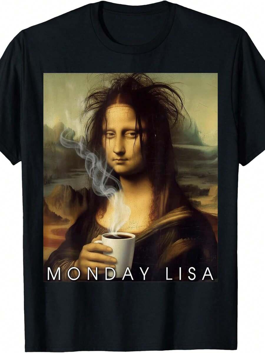Lisa De Lunidi Creates Fun Coffee Designs, Featuring A Parody Of Mona Lisa Holding A Cup On A T-Shirt. Loose And Comfortable. - Black - View 1