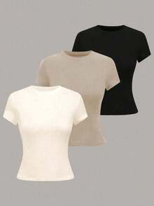 Camiseta de mujer de unicolor y manga corta, sencilla, casual y versátil - Multicolor 4 - Ver 7