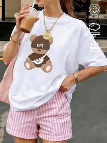 Camiseta para Mujer con Estampado de Oso, Cuello Redondo, Manga Corta, Diseño Casual - Negro - Ver 1