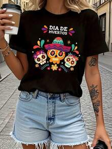 Women's T-Shirt With Sugar Skull And Flower Print For Day Of The Dead - Vibrant Day Of The Dead Design, Casual Short Sleeve Crew Neck T-Shirt For Spring And Summer, Black With Colorful Sugar Skulls, Marigolos And Papel Picado Pattern, Day Of The Dead Decorations, Festive Outfit, Comfortable Fit - 黑色 - 查看 8