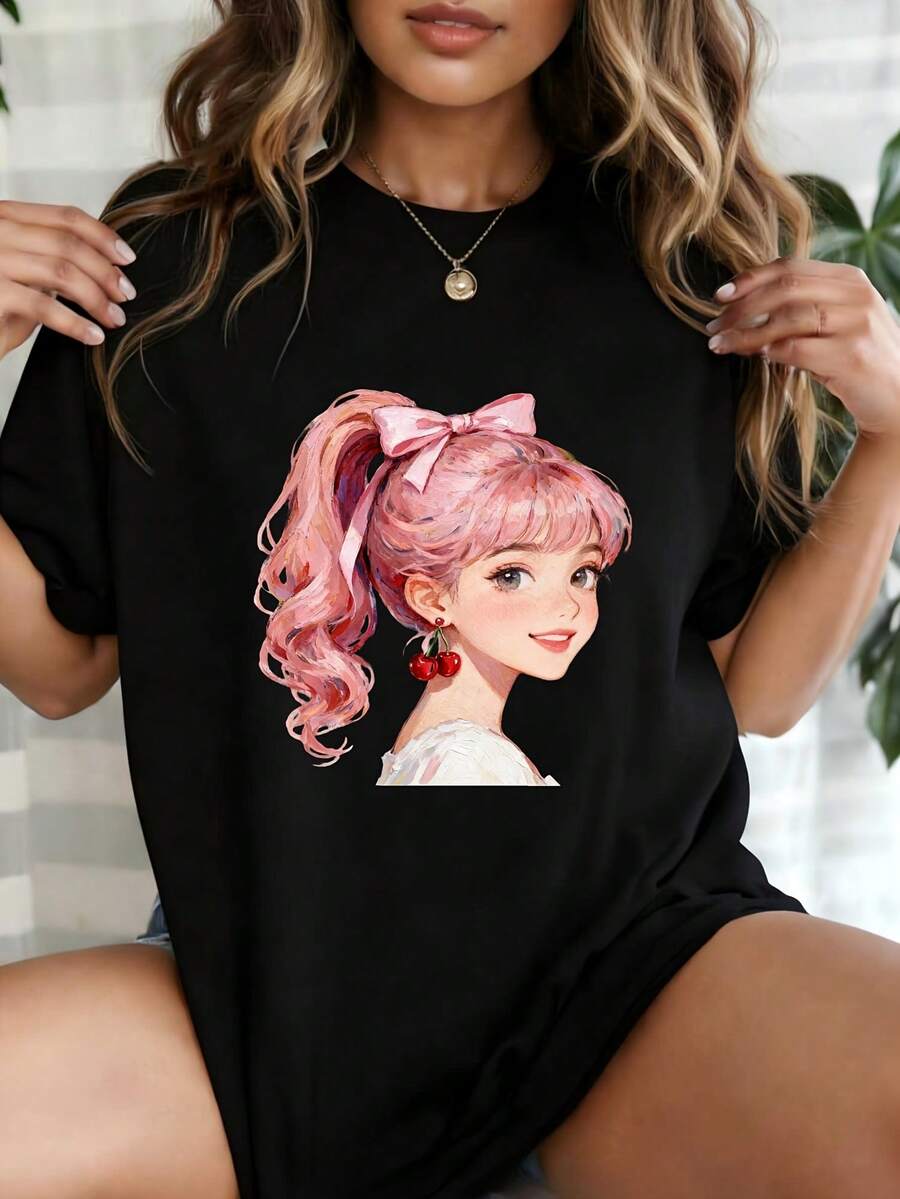 Kawaii Anime Girl Graphic T-Shirt For Women, Cute Pink Ponytail Girl With Cherry Print Oversized Tee, Casual Short Sleeve Top Perfect For Streetwear, Y2K Style, Loungewear, Coffee Runs & Weekend Trips - 黑色 - 查看 1