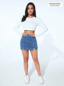 vaqueros casuales de corte simple con abertura, de ajuste slim para mujer - Azul 2 - Ver 4