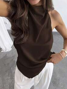 Blusa de cuello halter con bajo asimétrico de unicolor, top de verano para mujer, top de vacaciones de verano - Café integral - Ver 4