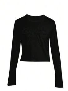Camiseta casual de verano para mujer con volantes y decorativa con lazo, crop tops para mujer, camisetas gráficas - Negro - Ver 3