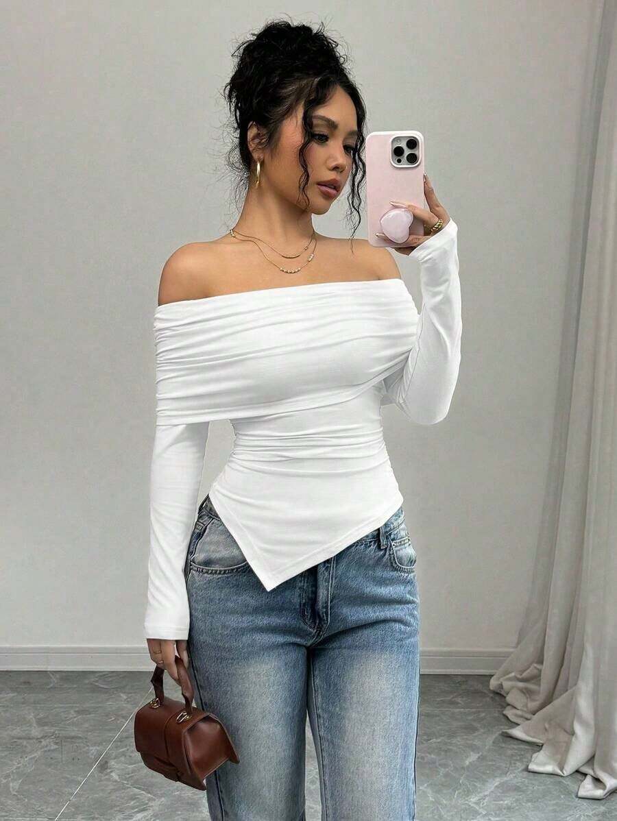 Camiseta elegante de mujer con hombros descubiertos, solapa ancha, dobladillo con cordón y ajuste delgado, para primavera y otoño - Blanco - Ver 1