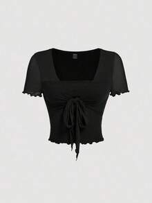 Camiseta verde vintage con dobladillo de lechuga y lazo delantero - Negro - Ver 5