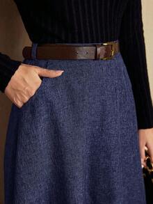 DECDS Falda elegante vintage para mujer con bolsillos y cinturón a cuadros, falda casual de vacaciones, falda gris de otoño, invierno y Navidad, falda para invitada de boda - Azul marino - Ver 2