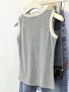 Top de camisola roja con ribetes contrastantes para mujer - Gris - Ver 2