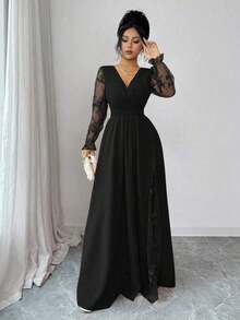 Vestido elegante de mujer con cuello en V profundo, parche de encaje, manga larga y abertura alta, adecuado para graduación, vacaciones, Día de San Valentín, festivales de música, Día de la Madre, Acción de Gracias, Pascua, Día Nacional, bailes, citas, fiestas, bodas, actividades al aire libre, primavera/verano - Negro - Ver 5