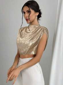 Blusa de mujer con cuello mao de unicolor y pliegues, informal y elegante, manga de murciélago fruncida, ajuste regular, top casual de uso diario para primavera/verano - Dorado - Ver 6