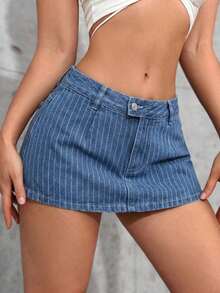 Minifalda vaquera casual con bolsillo y estampado de rayas para mujer, primavera/verano - Azul lavado medio 2 - Ver 3