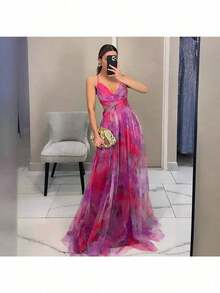 Dresses For WomenSpring And Summer New Mesh Printing Suspender Dress Vacation Casual Party DressLoose And Comfortablevestidos De Mujer - 黃色 - 查看 3