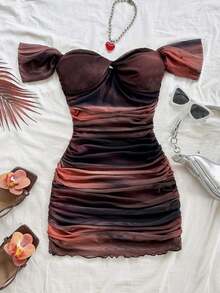 Vestido mini ajustado de punto con escote de hombros descubiertos, para vacaciones - Marrón 2 - Ver 3