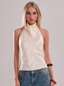 Un top rojo, brillante, sin cuello, con espalda descubierta, elegante, formal, lujoso, elegante, para ocasiones como otoño, invierno, Navidad, Año Nuevo, salidas, graduación, baile de graduación, cumpleaños, oficina, conciertos de country, club, - Albaricoque - Ver 7