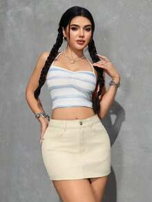 Minifalda vaquera casual de uso diario para mujer con bolsillos y botones - Albaricoque - Ver 6
