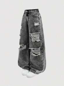 Girlism Jeans rectos y sueltos de mezclilla azul con agujeros rotos para adolescentes - Negro 2 - Ver 5