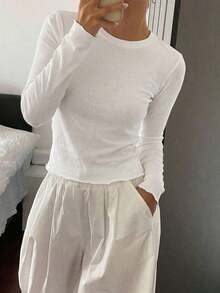 Blusa de manga larga de cuello redondo, ajuste delgado, con estampado de lunares, ropa de otoño para mujer - Blanco - Ver 3