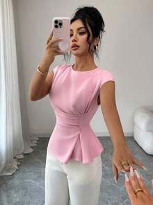 Conjunto de primavera para mujer para exteriores, adecuado para Año Nuevo, Día de San Valentín, Pascua, Día de la Madre, fiesta de Oriente Medio, boda, elegante vacación romántica francesa, lugar de trabajo, blusa sin mangas con cintura ceñida y v - Rosa - Ver 6