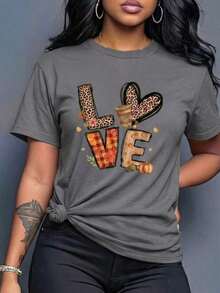 New Short-Sleeved T-Shirt With A Round Neck For Women, Spring-Summer Design, With Modern And Simple Lettering And A Fox Heart Print, Breathable And Sweat-Wicking. Direct Shipping From Our Local Warehouse, Couples' Style, Ideal For Wearing Together. - 深灰色 - 查看 1