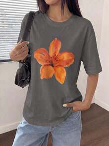 Camiseta Casual de Manga Corta con Cuello Redondo para Mujer, con Hermoso Estampado Floral Naranja para el Verano PPNA - Gris Oscuro - Ver 3