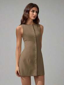 Tall Vestido mini elegante de unicolor con cuello redondo y sin mangas para mujer - Caqui - Ver 5