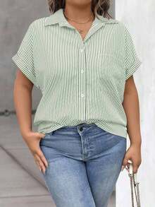 Vionelle Blusa casual de talla grande para mujer con estampado de rayas azul y blanco, de manga corta y abotonada, para el verano - Verde - Ver 4