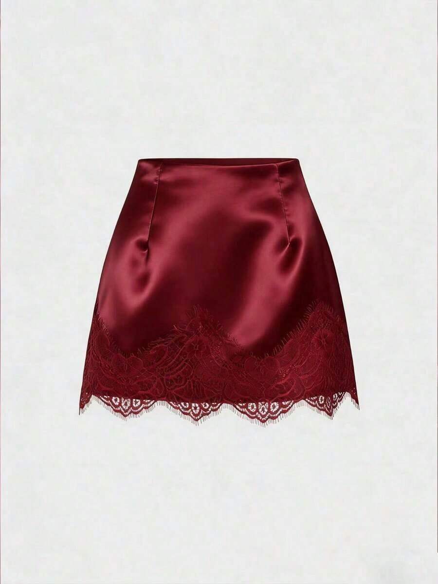 Falda casual de satén marrón con estampado floral retro francés elegante, nueva llegada chic de principios de primavera - Rojo - Ver 1