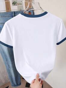 Camiseta de mujer de manga corta con cuello redondo, bloque de color, bordado de corazón a rayas y versátil - Blanco 11 - Ver 2