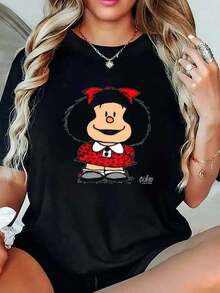 1pc blusas de mujer blusas bonitas para mujeres blusas ropa de mujer what what 180g camiseta algodón negra y blanca, patrón de estampado Mafalda, algodón impresión alta calidad, cuello redondo, corte básico holgado, hombres y mujeres, transpirable, versátil, lavable a máquina, cómoda, talla S ~ 3XL, diario, casual, deportes, imprescindible verano. - Negro - Ver 1