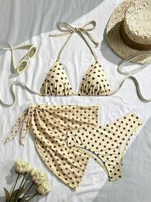Swim Mod Conjunto de bikini de 3 piezas con estampado de lunares, escote halter y espalda con lazo, para vacaciones en la playa, atuendo de primavera, carnaval 2026, elegante, casual, traje de baño con falda - Multicolor 2 - Ver 4