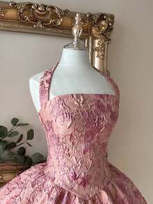 Vestido elegante, romántico y de moda de tela jacquard burdeos con escote halter, espalda descubierta y manga larga en corte evasé, adecuado para ceremonia de graduación, apertura de escuela, festival de música, fiesta de cumpleaños, boda, té de la tarde, baile de graduación - Rosa - Ver 2