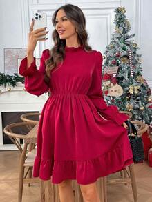 Vestido corto casual de manga larga con cuello alto y estampado floral para mujer - Rojo - Ver 4