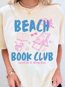 Camiseta Beach Book Club, R Coastal Reading T1EE, Summer Bookish. Camiseta unisex de algodón puro de 220 g. Peso ideal para todas las estaciones, apta tanto para hombres como para mujeres. Tejido duradero de alta calidad, suave al tacto y de larga duración. Camiseta transpirable. Adecuada para mujer en primavera y verano, vacaciones, Día de la Madre, Día de la Independencia. - Blanco - Ver 1