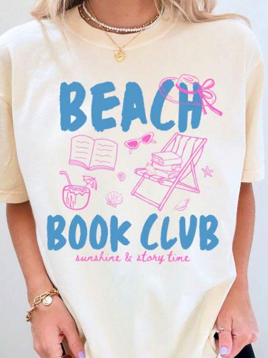 Camiseta Beach Book Club, R Coastal Reading T1EE, Summer Bookish. Camiseta unisex de algodón puro de 220 g. Peso ideal para todas las estaciones, apta tanto para hombres como para mujeres. Tejido duradero de alta calidad, suave al tacto y de larga duración. Camiseta transpirable. Adecuada para mujer en primavera y verano, vacaciones, Día de la Madre, Día de la Independencia. - Blanco - Ver 1