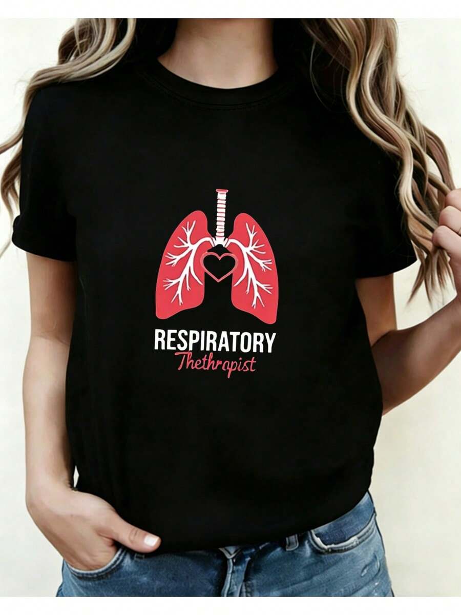 Women's Short-Sleeved Crew Neck T-Shirt, Suitable For Respiratory Therapists, Casual Top With Gray Lung And Stethoscope Design, Perfect For Spring And Autumn, Comfortable And Casual, Printed Crew Neck T-Shirt For All Seasons. - 黑色 - 查看 1