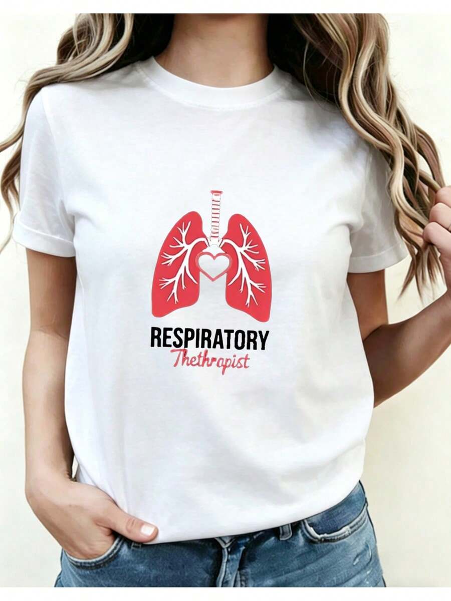 Women's Short-Sleeved Crew Neck T-Shirt, Suitable For Respiratory Therapists, Casual Top With Gray Lung And Stethoscope Design, Perfect For Spring And Autumn, Comfortable And Casual, Printed Crew Neck T-Shirt For All Seasons. - 白色 - 查看 1