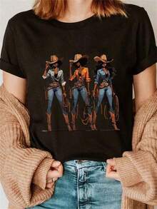 Playeras De Mujer Algodon Playeras De Mujer AlgodonUnder The RadarDenim Print ImitacióN De Mezclilla Camiseta De Mujer Con Estampado De Mezclilla Estilo Western Casual -Camiseta Unisex De Estilo Vintage Urbano, De AlgodóN, Manga Corta, Cuello Redondo Y Corte Holgado - Negro - Ver 7