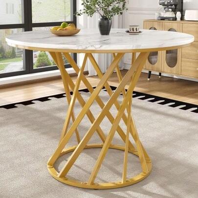 Runder Esstisch (80*80*76cm), Küchentisch,, Runder Kaffeetisch Für 4, Geeignet Für Esszimmer, Wohnzimmer, Tischbeine Aus Metall,MDF Marmorierte Tischplatte, Goldene Beine